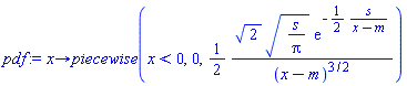 proc (x) options operator, arrow; piecewise(x < 0, 0, (1/2)*2^(1/2)*(s/Pi)^(1/2)*exp(-(1/2)*s/(x-m))/(x-m)^(3/2)) end proc