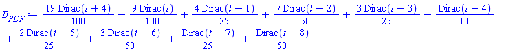 (19/100)*Dirac(t+4)+(9/100)*Dirac(t)+(4/25)*Dirac(t-1)+(7/50)*Dirac(t-2)+(3/25)*Dirac(t-3)+(1/10)*Dirac(t-4)+(2/25)*Dirac(t-5)+(3/50)*Dirac(t-6)+(1/25)*Dirac(t-7)+(1/50)*Dirac(t-8)