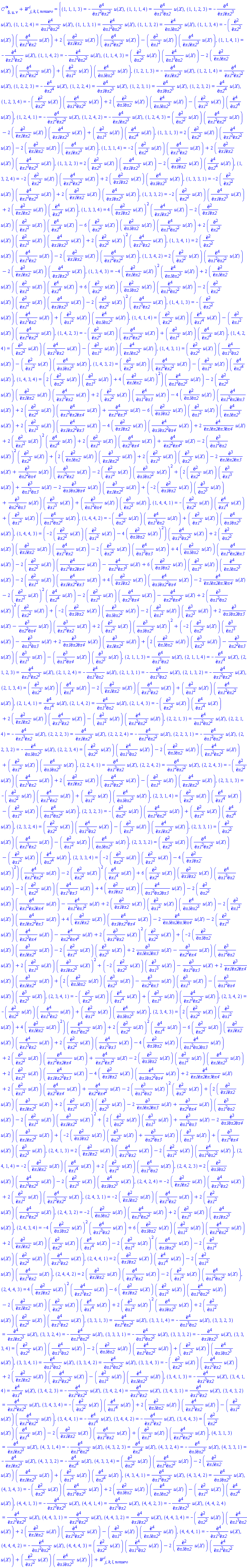 Physics:-Weyl[`~alpha`, beta, mu, nu]+W[`~i`, j, k, l, nonzero] = {(1, 1, 1, 3) = -(diff(diff(diff(diff(u(X), x1), x1), x2), x2)), (1, 1, 1, 4) = diff(diff(diff(diff(u(X), x1), x1), x1), x2), (1, 1, 2, 3) = -(diff(diff(diff(diff(u(X), x1), x2), x2), x2)), (1, 1, 2, 4) = diff(diff(diff(diff(u(X), x1), x1), x2), x2), (1, 1, 3, 1) = diff(diff(diff(diff(u(X), x1), x1), x2), x2), (1, 1, 3, 2) = diff(diff(diff(diff(u(X), x1), x2), x2), x2), (1, 1, 3, 4) = -(diff(diff(u(X), x2), x2))*(diff(diff(diff(diff(u(X), x1), x1), x1), x2))+2*(diff(diff(u(X), x1), x2))*(diff(diff(diff(diff(u(X), x1), x1), x2), x2))-(diff(diff(u(X), x1), x1))*(diff(diff(diff(diff(u(X), x1), x2), x2), x2)), (1, 1, 4, 1) = -(diff(diff(diff(diff(u(X), x1), x1), x1), x2)), (1, 1, 4, 2) = -(diff(diff(diff(diff(u(X), x1), x1), x2), x2)), (1, 1, 4, 3) = (diff(diff(u(X), x2), x2))*(diff(diff(diff(diff(u(X), x1), x1), x1), x2))-2*(diff(diff(u(X), x1), x2))*(diff(diff(diff(diff(u(X), x1), x1), x2), x2))+(diff(diff(u(X), x1), x1))*(diff(diff(diff(diff(u(X), x1), x2), x2), x2)), (1, 2, 1, 3) = -(diff(diff(diff(diff(u(X), x1), x2), x2), x2)), (1, 2, 1, 4) = diff(diff(diff(diff(u(X), x1), x1), x2), x2), (1, 2, 2, 3) = -(diff(diff(diff(diff(u(X), x2), x2), x2), x2)), (1, 2, 2, 4) = diff(diff(diff(diff(u(X), x1), x2), x2), x2), (1, 2, 3, 1) = diff(diff(diff(diff(u(X), x1), x2), x2), x2), (1, 2, 3, 2) = diff(diff(diff(diff(u(X), x2), x2), x2), x2), (1, 2, 3, 4) = -(diff(diff(u(X), x2), x2))*(diff(diff(diff(diff(u(X), x1), x1), x2), x2))+2*(diff(diff(u(X), x1), x2))*(diff(diff(diff(diff(u(X), x1), x2), x2), x2))-(diff(diff(u(X), x1), x1))*(diff(diff(diff(diff(u(X), x2), x2), x2), x2)), (1, 2, 4, 1) = -(diff(diff(diff(diff(u(X), x1), x1), x2), x2)), (1, 2, 4, 2) = -(diff(diff(diff(diff(u(X), x1), x2), x2), x2)), (1, 2, 4, 3) = (diff(diff(u(X), x2), x2))*(diff(diff(diff(diff(u(X), x1), x1), x2), x2))-2*(diff(diff(u(X), x1), x2))*(diff(diff(diff(diff(u(X), x1), x2), x2), x2))+(diff(diff(u(X), x1), x1))*(diff(diff(diff(diff(u(X), x2), x2), x2), x2)), (1, 3, 1, 3) = 2*(diff(diff(u(X), x2), x2))*(diff(diff(diff(diff(u(X), x1), x1), x2), x2))-2*(diff(diff(u(X), x1), x2))*(diff(diff(diff(diff(u(X), x1), x2), x2), x2)), (1, 3, 1, 4) = -2*(diff(diff(u(X), x2), x2))*(diff(diff(diff(diff(u(X), x1), x1), x1), x2))+2*(diff(diff(u(X), x1), x2))*(diff(diff(diff(diff(u(X), x1), x1), x2), x2)), (1, 3, 2, 3) = 2*(diff(diff(u(X), x2), x2))*(diff(diff(diff(diff(u(X), x1), x2), x2), x2))-2*(diff(diff(u(X), x1), x2))*(diff(diff(diff(diff(u(X), x2), x2), x2), x2)), (1, 3, 2, 4) = -2*(diff(diff(u(X), x2), x2))*(diff(diff(diff(diff(u(X), x1), x1), x2), x2))+2*(diff(diff(u(X), x1), x2))*(diff(diff(diff(diff(u(X), x1), x2), x2), x2)), (1, 3, 3, 1) = -2*(diff(diff(u(X), x2), x2))*(diff(diff(diff(diff(u(X), x1), x1), x2), x2))+2*(diff(diff(u(X), x1), x2))*(diff(diff(diff(diff(u(X), x1), x2), x2), x2)), (1, 3, 3, 2) = -2*(diff(diff(u(X), x2), x2))*(diff(diff(diff(diff(u(X), x1), x2), x2), x2))+2*(diff(diff(u(X), x1), x2))*(diff(diff(diff(diff(u(X), x2), x2), x2), x2)), (1, 3, 3, 4) = 4*(diff(diff(u(X), x1), x2))^2*(diff(diff(diff(diff(u(X), x1), x2), x2), x2))-2*(diff(diff(u(X), x1), x2))*(diff(diff(u(X), x1), x1))*(diff(diff(diff(diff(u(X), x2), x2), x2), x2))-6*(diff(diff(u(X), x2), x2))*(diff(diff(u(X), x1), x2))*(diff(diff(diff(diff(u(X), x1), x1), x2), x2))+2*(diff(diff(u(X), x2), x2))*(diff(diff(u(X), x1), x1))*(diff(diff(diff(diff(u(X), x1), x2), x2), x2))+2*(diff(diff(u(X), x2), x2))^2*(diff(diff(diff(diff(u(X), x1), x1), x1), x2)), (1, 3, 4, 1) = 2*(diff(diff(u(X), x2), x2))*(diff(diff(diff(diff(u(X), x1), x1), x1), x2))-2*(diff(diff(u(X), x1), x2))*(diff(diff(diff(diff(u(X), x1), x1), x2), x2)), (1, 3, 4, 2) = 2*(diff(diff(u(X), x2), x2))*(diff(diff(diff(diff(u(X), x1), x1), x2), x2))-2*(diff(diff(u(X), x1), x2))*(diff(diff(diff(diff(u(X), x1), x2), x2), x2)), (1, 3, 4, 3) = -4*(diff(diff(u(X), x1), x2))^2*(diff(diff(diff(diff(u(X), x1), x2), x2), x2))+2*(diff(diff(u(X), x1), x2))*(diff(diff(u(X), x1), x1))*(diff(diff(diff(diff(u(X), x2), x2), x2), x2))+6*(diff(diff(u(X), x2), x2))*(diff(diff(u(X), x1), x2))*(diff(diff(diff(diff(u(X), x1), x1), x2), x2))-2*(diff(diff(u(X), x2), x2))*(diff(diff(u(X), x1), x1))*(diff(diff(diff(diff(u(X), x1), x2), x2), x2))-2*(diff(diff(u(X), x2), x2))^2*(diff(diff(diff(diff(u(X), x1), x1), x1), x2)), (1, 4, 1, 3) = -(diff(diff(u(X), x2), x2))*(diff(diff(diff(diff(u(X), x1), x1), x1), x2))+(diff(diff(u(X), x1), x1))*(diff(diff(diff(diff(u(X), x1), x2), x2), x2)), (1, 4, 1, 4) = (diff(diff(u(X), x2), x2))*(diff(diff(diff(diff(u(X), x1), x1), x1), x1))-(diff(diff(u(X), x1), x1))*(diff(diff(diff(diff(u(X), x1), x1), x2), x2)), (1, 4, 2, 3) = -(diff(diff(u(X), x2), x2))*(diff(diff(diff(diff(u(X), x1), x1), x2), x2))+(diff(diff(u(X), x1), x1))*(diff(diff(diff(diff(u(X), x2), x2), x2), x2)), (1, 4, 2, 4) = (diff(diff(u(X), x2), x2))*(diff(diff(diff(diff(u(X), x1), x1), x1), x2))-(diff(diff(u(X), x1), x1))*(diff(diff(diff(diff(u(X), x1), x2), x2), x2)), (1, 4, 3, 1) = (diff(diff(u(X), x2), x2))*(diff(diff(diff(diff(u(X), x1), x1), x1), x2))-(diff(diff(u(X), x1), x1))*(diff(diff(diff(diff(u(X), x1), x2), x2), x2)), (1, 4, 3, 2) = (diff(diff(u(X), x2), x2))*(diff(diff(diff(diff(u(X), x1), x1), x2), x2))-(diff(diff(u(X), x1), x1))*(diff(diff(diff(diff(u(X), x2), x2), x2), x2)), (1, 4, 3, 4) = (2*(diff(diff(u(X), x2), x2))*(diff(diff(u(X), x1), x1))+4*(diff(diff(u(X), x1), x2))^2)*(diff(diff(diff(diff(u(X), x1), x1), x2), x2))-2*(diff(diff(u(X), x2), x2))*(diff(diff(u(X), x1), x2))*(diff(diff(diff(diff(u(X), x1), x1), x1), x2))+2*(diff(diff(u(X), x2), x2))*(diff(diff(diff(diff(u(X), x1), x1), x1), x3))-4*(diff(diff(u(X), x1), x2))*(diff(diff(diff(diff(u(X), x1), x1), x2), x3))+2*(diff(diff(u(X), x2), x2))*(diff(diff(diff(diff(u(X), x1), x1), x2), x4))+diff(diff(diff(diff(u(X), x1), x1), x3), x3)-6*(diff(diff(u(X), x1), x2))*(diff(diff(u(X), x1), x1))*(diff(diff(diff(diff(u(X), x1), x2), x2), x2))+2*(diff(diff(u(X), x1), x1))*(diff(diff(diff(diff(u(X), x1), x2), x2), x3))-4*(diff(diff(u(X), x1), x2))*(diff(diff(diff(diff(u(X), x1), x2), x2), x4))+2*(diff(diff(diff(diff(u(X), x1), x2), x3), x4))+2*(diff(diff(u(X), x1), x1))^2*(diff(diff(diff(diff(u(X), x2), x2), x2), x2))+2*(diff(diff(u(X), x1), x1))*(diff(diff(diff(diff(u(X), x2), x2), x2), x4))+diff(diff(diff(diff(u(X), x2), x2), x4), x4)-2*(diff(diff(diff(u(X), x1), x1), x2))^2*(diff(diff(u(X), x2), x2))+(2*(diff(diff(u(X), x1), x2))*(diff(diff(diff(u(X), x1), x2), x2))+2*(diff(diff(u(X), x1), x1))*(diff(diff(diff(u(X), x2), x2), x2))-2*(diff(diff(diff(u(X), x1), x2), x3))+diff(diff(diff(u(X), x2), x2), x4))*(diff(diff(diff(u(X), x1), x1), x2))-2*(diff(diff(u(X), x1), x1))*(diff(diff(diff(u(X), x1), x2), x2))^2+(2*(diff(diff(u(X), x2), x2))*(diff(diff(diff(u(X), x1), x1), x1))+diff(diff(diff(u(X), x1), x1), x3)-2*(diff(diff(diff(u(X), x1), x2), x4)))*(diff(diff(diff(u(X), x1), x2), x2))+(-2*(diff(diff(u(X), x1), x2))*(diff(diff(diff(u(X), x2), x2), x2))+diff(diff(diff(u(X), x2), x2), x3))*(diff(diff(diff(u(X), x1), x1), x1))+(diff(diff(diff(u(X), x1), x1), x4))*(diff(diff(diff(u(X), x2), x2), x2)), (1, 4, 4, 1) = -(diff(diff(u(X), x2), x2))*(diff(diff(diff(diff(u(X), x1), x1), x1), x1))+(diff(diff(u(X), x1), x1))*(diff(diff(diff(diff(u(X), x1), x1), x2), x2)), (1, 4, 4, 2) = -(diff(diff(u(X), x2), x2))*(diff(diff(diff(diff(u(X), x1), x1), x1), x2))+(diff(diff(u(X), x1), x1))*(diff(diff(diff(diff(u(X), x1), x2), x2), x2)), (1, 4, 4, 3) = (-2*(diff(diff(u(X), x2), x2))*(diff(diff(u(X), x1), x1))-4*(diff(diff(u(X), x1), x2))^2)*(diff(diff(diff(diff(u(X), x1), x1), x2), x2))+2*(diff(diff(u(X), x2), x2))*(diff(diff(u(X), x1), x2))*(diff(diff(diff(diff(u(X), x1), x1), x1), x2))-2*(diff(diff(u(X), x2), x2))*(diff(diff(diff(diff(u(X), x1), x1), x1), x3))+4*(diff(diff(u(X), x1), x2))*(diff(diff(diff(diff(u(X), x1), x1), x2), x3))-2*(diff(diff(u(X), x2), x2))*(diff(diff(diff(diff(u(X), x1), x1), x2), x4))-(diff(diff(diff(diff(u(X), x1), x1), x3), x3))+6*(diff(diff(u(X), x1), x2))*(diff(diff(u(X), x1), x1))*(diff(diff(diff(diff(u(X), x1), x2), x2), x2))-2*(diff(diff(u(X), x1), x1))*(diff(diff(diff(diff(u(X), x1), x2), x2), x3))+4*(diff(diff(u(X), x1), x2))*(diff(diff(diff(diff(u(X), x1), x2), x2), x4))-2*(diff(diff(diff(diff(u(X), x1), x2), x3), x4))-2*(diff(diff(u(X), x1), x1))^2*(diff(diff(diff(diff(u(X), x2), x2), x2), x2))-2*(diff(diff(u(X), x1), x1))*(diff(diff(diff(diff(u(X), x2), x2), x2), x4))-(diff(diff(diff(diff(u(X), x2), x2), x4), x4))+2*(diff(diff(diff(u(X), x1), x1), x2))^2*(diff(diff(u(X), x2), x2))+(-2*(diff(diff(u(X), x1), x2))*(diff(diff(diff(u(X), x1), x2), x2))-2*(diff(diff(u(X), x1), x1))*(diff(diff(diff(u(X), x2), x2), x2))+2*(diff(diff(diff(u(X), x1), x2), x3))-(diff(diff(diff(u(X), x2), x2), x4)))*(diff(diff(diff(u(X), x1), x1), x2))+2*(diff(diff(u(X), x1), x1))*(diff(diff(diff(u(X), x1), x2), x2))^2+(-2*(diff(diff(u(X), x2), x2))*(diff(diff(diff(u(X), x1), x1), x1))-(diff(diff(diff(u(X), x1), x1), x3))+2*(diff(diff(diff(u(X), x1), x2), x4)))*(diff(diff(diff(u(X), x1), x2), x2))+(2*(diff(diff(u(X), x1), x2))*(diff(diff(diff(u(X), x2), x2), x2))-(diff(diff(diff(u(X), x2), x2), x3)))*(diff(diff(diff(u(X), x1), x1), x1))-(diff(diff(diff(u(X), x1), x1), x4))*(diff(diff(diff(u(X), x2), x2), x2)), (2, 1, 1, 3) = diff(diff(diff(diff(u(X), x1), x1), x1), x2), (2, 1, 1, 4) = -(diff(diff(diff(diff(u(X), x1), x1), x1), x1)), (2, 1, 2, 3) = diff(diff(diff(diff(u(X), x1), x1), x2), x2), (2, 1, 2, 4) = -(diff(diff(diff(diff(u(X), x1), x1), x1), x2)), (2, 1, 3, 1) = -(diff(diff(diff(diff(u(X), x1), x1), x1), x2)), (2, 1, 3, 2) = -(diff(diff(diff(diff(u(X), x1), x1), x2), x2)), (2, 1, 3, 4) = (diff(diff(u(X), x2), x2))*(diff(diff(diff(diff(u(X), x1), x1), x1), x1))-2*(diff(diff(u(X), x1), x2))*(diff(diff(diff(diff(u(X), x1), x1), x1), x2))+(diff(diff(u(X), x1), x1))*(diff(diff(diff(diff(u(X), x1), x1), x2), x2)), (2, 1, 4, 1) = diff(diff(diff(diff(u(X), x1), x1), x1), x1), (2, 1, 4, 2) = diff(diff(diff(diff(u(X), x1), x1), x1), x2), (2, 1, 4, 3) = -(diff(diff(u(X), x2), x2))*(diff(diff(diff(diff(u(X), x1), x1), x1), x1))+2*(diff(diff(u(X), x1), x2))*(diff(diff(diff(diff(u(X), x1), x1), x1), x2))-(diff(diff(u(X), x1), x1))*(diff(diff(diff(diff(u(X), x1), x1), x2), x2)), (2, 2, 1, 3) = diff(diff(diff(diff(u(X), x1), x1), x2), x2), (2, 2, 1, 4) = -(diff(diff(diff(diff(u(X), x1), x1), x1), x2)), (2, 2, 2, 3) = diff(diff(diff(diff(u(X), x1), x2), x2), x2), (2, 2, 2, 4) = -(diff(diff(diff(diff(u(X), x1), x1), x2), x2)), (2, 2, 3, 1) = -(diff(diff(diff(diff(u(X), x1), x1), x2), x2)), (2, 2, 3, 2) = -(diff(diff(diff(diff(u(X), x1), x2), x2), x2)), (2, 2, 3, 4) = (diff(diff(u(X), x2), x2))*(diff(diff(diff(diff(u(X), x1), x1), x1), x2))-2*(diff(diff(u(X), x1), x2))*(diff(diff(diff(diff(u(X), x1), x1), x2), x2))+(diff(diff(u(X), x1), x1))*(diff(diff(diff(diff(u(X), x1), x2), x2), x2)), (2, 2, 4, 1) = diff(diff(diff(diff(u(X), x1), x1), x1), x2), (2, 2, 4, 2) = diff(diff(diff(diff(u(X), x1), x1), x2), x2), (2, 2, 4, 3) = -(diff(diff(u(X), x2), x2))*(diff(diff(diff(diff(u(X), x1), x1), x1), x2))+2*(diff(diff(u(X), x1), x2))*(diff(diff(diff(diff(u(X), x1), x1), x2), x2))-(diff(diff(u(X), x1), x1))*(diff(diff(diff(diff(u(X), x1), x2), x2), x2)), (2, 3, 1, 3) = -(diff(diff(u(X), x2), x2))*(diff(diff(diff(diff(u(X), x1), x1), x1), x2))+(diff(diff(u(X), x1), x1))*(diff(diff(diff(diff(u(X), x1), x2), x2), x2)), (2, 3, 1, 4) = (diff(diff(u(X), x2), x2))*(diff(diff(diff(diff(u(X), x1), x1), x1), x1))-(diff(diff(u(X), x1), x1))*(diff(diff(diff(diff(u(X), x1), x1), x2), x2)), (2, 3, 2, 3) = -(diff(diff(u(X), x2), x2))*(diff(diff(diff(diff(u(X), x1), x1), x2), x2))+(diff(diff(u(X), x1), x1))*(diff(diff(diff(diff(u(X), x2), x2), x2), x2)), (2, 3, 2, 4) = (diff(diff(u(X), x2), x2))*(diff(diff(diff(diff(u(X), x1), x1), x1), x2))-(diff(diff(u(X), x1), x1))*(diff(diff(diff(diff(u(X), x1), x2), x2), x2)), (2, 3, 3, 1) = (diff(diff(u(X), x2), x2))*(diff(diff(diff(diff(u(X), x1), x1), x1), x2))-(diff(diff(u(X), x1), x1))*(diff(diff(diff(diff(u(X), x1), x2), x2), x2)), (2, 3, 3, 2) = (diff(diff(u(X), x2), x2))*(diff(diff(diff(diff(u(X), x1), x1), x2), x2))-(diff(diff(u(X), x1), x1))*(diff(diff(diff(diff(u(X), x2), x2), x2), x2)), (2, 3, 3, 4) = (-2*(diff(diff(u(X), x2), x2))*(diff(diff(u(X), x1), x1))-4*(diff(diff(u(X), x1), x2))^2)*(diff(diff(diff(diff(u(X), x1), x1), x2), x2))-2*(diff(diff(u(X), x2), x2))^2*(diff(diff(diff(diff(u(X), x1), x1), x1), x1))+6*(diff(diff(u(X), x2), x2))*(diff(diff(u(X), x1), x2))*(diff(diff(diff(diff(u(X), x1), x1), x1), x2))-2*(diff(diff(u(X), x2), x2))*(diff(diff(diff(diff(u(X), x1), x1), x1), x3))+4*(diff(diff(u(X), x1), x2))*(diff(diff(diff(diff(u(X), x1), x1), x2), x3))-2*(diff(diff(u(X), x2), x2))*(diff(diff(diff(diff(u(X), x1), x1), x2), x4))-(diff(diff(diff(diff(u(X), x1), x1), x3), x3))+2*(diff(diff(u(X), x1), x2))*(diff(diff(u(X), x1), x1))*(diff(diff(diff(diff(u(X), x1), x2), x2), x2))-2*(diff(diff(u(X), x1), x1))*(diff(diff(diff(diff(u(X), x1), x2), x2), x3))+4*(diff(diff(u(X), x1), x2))*(diff(diff(diff(diff(u(X), x1), x2), x2), x4))-2*(diff(diff(diff(diff(u(X), x1), x2), x3), x4))-2*(diff(diff(u(X), x1), x1))*(diff(diff(diff(diff(u(X), x2), x2), x2), x4))-(diff(diff(diff(diff(u(X), x2), x2), x4), x4))+2*(diff(diff(diff(u(X), x1), x1), x2))^2*(diff(diff(u(X), x2), x2))+(-2*(diff(diff(u(X), x1), x2))*(diff(diff(diff(u(X), x1), x2), x2))-2*(diff(diff(u(X), x1), x1))*(diff(diff(diff(u(X), x2), x2), x2))+2*(diff(diff(diff(u(X), x1), x2), x3))-(diff(diff(diff(u(X), x2), x2), x4)))*(diff(diff(diff(u(X), x1), x1), x2))+2*(diff(diff(u(X), x1), x1))*(diff(diff(diff(u(X), x1), x2), x2))^2+(-2*(diff(diff(u(X), x2), x2))*(diff(diff(diff(u(X), x1), x1), x1))-(diff(diff(diff(u(X), x1), x1), x3))+2*(diff(diff(diff(u(X), x1), x2), x4)))*(diff(diff(diff(u(X), x1), x2), x2))+(2*(diff(diff(u(X), x1), x2))*(diff(diff(diff(u(X), x2), x2), x2))-(diff(diff(diff(u(X), x2), x2), x3)))*(diff(diff(diff(u(X), x1), x1), x1))-(diff(diff(diff(u(X), x1), x1), x4))*(diff(diff(diff(u(X), x2), x2), x2)), (2, 3, 4, 1) = -(diff(diff(u(X), x2), x2))*(diff(diff(diff(diff(u(X), x1), x1), x1), x1))+(diff(diff(u(X), x1), x1))*(diff(diff(diff(diff(u(X), x1), x1), x2), x2)), (2, 3, 4, 2) = -(diff(diff(u(X), x2), x2))*(diff(diff(diff(diff(u(X), x1), x1), x1), x2))+(diff(diff(u(X), x1), x1))*(diff(diff(diff(diff(u(X), x1), x2), x2), x2)), (2, 3, 4, 3) = (2*(diff(diff(u(X), x2), x2))*(diff(diff(u(X), x1), x1))+4*(diff(diff(u(X), x1), x2))^2)*(diff(diff(diff(diff(u(X), x1), x1), x2), x2))+2*(diff(diff(u(X), x2), x2))^2*(diff(diff(diff(diff(u(X), x1), x1), x1), x1))-6*(diff(diff(u(X), x2), x2))*(diff(diff(u(X), x1), x2))*(diff(diff(diff(diff(u(X), x1), x1), x1), x2))+2*(diff(diff(u(X), x2), x2))*(diff(diff(diff(diff(u(X), x1), x1), x1), x3))-4*(diff(diff(u(X), x1), x2))*(diff(diff(diff(diff(u(X), x1), x1), x2), x3))+2*(diff(diff(u(X), x2), x2))*(diff(diff(diff(diff(u(X), x1), x1), x2), x4))+diff(diff(diff(diff(u(X), x1), x1), x3), x3)-2*(diff(diff(u(X), x1), x2))*(diff(diff(u(X), x1), x1))*(diff(diff(diff(diff(u(X), x1), x2), x2), x2))+2*(diff(diff(u(X), x1), x1))*(diff(diff(diff(diff(u(X), x1), x2), x2), x3))-4*(diff(diff(u(X), x1), x2))*(diff(diff(diff(diff(u(X), x1), x2), x2), x4))+2*(diff(diff(diff(diff(u(X), x1), x2), x3), x4))+2*(diff(diff(u(X), x1), x1))*(diff(diff(diff(diff(u(X), x2), x2), x2), x4))+diff(diff(diff(diff(u(X), x2), x2), x4), x4)-2*(diff(diff(diff(u(X), x1), x1), x2))^2*(diff(diff(u(X), x2), x2))+(2*(diff(diff(u(X), x1), x2))*(diff(diff(diff(u(X), x1), x2), x2))+2*(diff(diff(u(X), x1), x1))*(diff(diff(diff(u(X), x2), x2), x2))-2*(diff(diff(diff(u(X), x1), x2), x3))+diff(diff(diff(u(X), x2), x2), x4))*(diff(diff(diff(u(X), x1), x1), x2))-2*(diff(diff(u(X), x1), x1))*(diff(diff(diff(u(X), x1), x2), x2))^2+(2*(diff(diff(u(X), x2), x2))*(diff(diff(diff(u(X), x1), x1), x1))+diff(diff(diff(u(X), x1), x1), x3)-2*(diff(diff(diff(u(X), x1), x2), x4)))*(diff(diff(diff(u(X), x1), x2), x2))+(-2*(diff(diff(u(X), x1), x2))*(diff(diff(diff(u(X), x2), x2), x2))+diff(diff(diff(u(X), x2), x2), x3))*(diff(diff(diff(u(X), x1), x1), x1))+(diff(diff(diff(u(X), x1), x1), x4))*(diff(diff(diff(u(X), x2), x2), x2)), (2, 4, 1, 3) = 2*(diff(diff(u(X), x1), x2))*(diff(diff(diff(diff(u(X), x1), x1), x1), x2))-2*(diff(diff(u(X), x1), x1))*(diff(diff(diff(diff(u(X), x1), x1), x2), x2)), (2, 4, 1, 4) = -2*(diff(diff(u(X), x1), x2))*(diff(diff(diff(diff(u(X), x1), x1), x1), x1))+2*(diff(diff(u(X), x1), x1))*(diff(diff(diff(diff(u(X), x1), x1), x1), x2)), (2, 4, 2, 3) = 2*(diff(diff(u(X), x1), x2))*(diff(diff(diff(diff(u(X), x1), x1), x2), x2))-2*(diff(diff(u(X), x1), x1))*(diff(diff(diff(diff(u(X), x1), x2), x2), x2)), (2, 4, 2, 4) = -2*(diff(diff(u(X), x1), x2))*(diff(diff(diff(diff(u(X), x1), x1), x1), x2))+2*(diff(diff(u(X), x1), x1))*(diff(diff(diff(diff(u(X), x1), x1), x2), x2)), (2, 4, 3, 1) = -2*(diff(diff(u(X), x1), x2))*(diff(diff(diff(diff(u(X), x1), x1), x1), x2))+2*(diff(diff(u(X), x1), x1))*(diff(diff(diff(diff(u(X), x1), x1), x2), x2)), (2, 4, 3, 2) = -2*(diff(diff(u(X), x1), x2))*(diff(diff(diff(diff(u(X), x1), x1), x2), x2))+2*(diff(diff(u(X), x1), x1))*(diff(diff(diff(diff(u(X), x1), x2), x2), x2)), (2, 4, 3, 4) = -4*(diff(diff(u(X), x1), x2))^2*(diff(diff(diff(diff(u(X), x1), x1), x1), x2))+6*(diff(diff(u(X), x1), x2))*(diff(diff(u(X), x1), x1))*(diff(diff(diff(diff(u(X), x1), x1), x2), x2))+2*(diff(diff(u(X), x1), x2))*(diff(diff(u(X), x2), x2))*(diff(diff(diff(diff(u(X), x1), x1), x1), x1))-2*(diff(diff(u(X), x1), x1))^2*(diff(diff(diff(diff(u(X), x1), x2), x2), x2))-2*(diff(diff(u(X), x1), x1))*(diff(diff(u(X), x2), x2))*(diff(diff(diff(diff(u(X), x1), x1), x1), x2)), (2, 4, 4, 1) = 2*(diff(diff(u(X), x1), x2))*(diff(diff(diff(diff(u(X), x1), x1), x1), x1))-2*(diff(diff(u(X), x1), x1))*(diff(diff(diff(diff(u(X), x1), x1), x1), x2)), (2, 4, 4, 2) = 2*(diff(diff(u(X), x1), x2))*(diff(diff(diff(diff(u(X), x1), x1), x1), x2))-2*(diff(diff(u(X), x1), x1))*(diff(diff(diff(diff(u(X), x1), x1), x2), x2)), (2, 4, 4, 3) = 4*(diff(diff(u(X), x1), x2))^2*(diff(diff(diff(diff(u(X), x1), x1), x1), x2))-6*(diff(diff(u(X), x1), x2))*(diff(diff(u(X), x1), x1))*(diff(diff(diff(diff(u(X), x1), x1), x2), x2))-2*(diff(diff(u(X), x1), x2))*(diff(diff(u(X), x2), x2))*(diff(diff(diff(diff(u(X), x1), x1), x1), x1))+2*(diff(diff(u(X), x1), x1))^2*(diff(diff(diff(diff(u(X), x1), x2), x2), x2))+2*(diff(diff(u(X), x1), x1))*(diff(diff(u(X), x2), x2))*(diff(diff(diff(diff(u(X), x1), x1), x1), x2)), (3, 3, 1, 3) = diff(diff(diff(diff(u(X), x1), x1), x2), x2), (3, 3, 1, 4) = -(diff(diff(diff(diff(u(X), x1), x1), x1), x2)), (3, 3, 2, 3) = diff(diff(diff(diff(u(X), x1), x2), x2), x2), (3, 3, 2, 4) = -(diff(diff(diff(diff(u(X), x1), x1), x2), x2)), (3, 3, 3, 1) = -(diff(diff(diff(diff(u(X), x1), x1), x2), x2)), (3, 3, 3, 2) = -(diff(diff(diff(diff(u(X), x1), x2), x2), x2)), (3, 3, 3, 4) = (diff(diff(u(X), x2), x2))*(diff(diff(diff(diff(u(X), x1), x1), x1), x2))-2*(diff(diff(u(X), x1), x2))*(diff(diff(diff(diff(u(X), x1), x1), x2), x2))+(diff(diff(u(X), x1), x1))*(diff(diff(diff(diff(u(X), x1), x2), x2), x2)), (3, 3, 4, 1) = diff(diff(diff(diff(u(X), x1), x1), x1), x2), (3, 3, 4, 2) = diff(diff(diff(diff(u(X), x1), x1), x2), x2), (3, 3, 4, 3) = -(diff(diff(u(X), x2), x2))*(diff(diff(diff(diff(u(X), x1), x1), x1), x2))+2*(diff(diff(u(X), x1), x2))*(diff(diff(diff(diff(u(X), x1), x1), x2), x2))-(diff(diff(u(X), x1), x1))*(diff(diff(diff(diff(u(X), x1), x2), x2), x2)), (3, 4, 1, 3) = -(diff(diff(diff(diff(u(X), x1), x1), x1), x2)), (3, 4, 1, 4) = diff(diff(diff(diff(u(X), x1), x1), x1), x1), (3, 4, 2, 3) = -(diff(diff(diff(diff(u(X), x1), x1), x2), x2)), (3, 4, 2, 4) = diff(diff(diff(diff(u(X), x1), x1), x1), x2), (3, 4, 3, 1) = diff(diff(diff(diff(u(X), x1), x1), x1), x2), (3, 4, 3, 2) = diff(diff(diff(diff(u(X), x1), x1), x2), x2), (3, 4, 3, 4) = -(diff(diff(u(X), x2), x2))*(diff(diff(diff(diff(u(X), x1), x1), x1), x1))+2*(diff(diff(u(X), x1), x2))*(diff(diff(diff(diff(u(X), x1), x1), x1), x2))-(diff(diff(u(X), x1), x1))*(diff(diff(diff(diff(u(X), x1), x1), x2), x2)), (3, 4, 4, 1) = -(diff(diff(diff(diff(u(X), x1), x1), x1), x1)), (3, 4, 4, 2) = -(diff(diff(diff(diff(u(X), x1), x1), x1), x2)), (3, 4, 4, 3) = (diff(diff(u(X), x2), x2))*(diff(diff(diff(diff(u(X), x1), x1), x1), x1))-2*(diff(diff(u(X), x1), x2))*(diff(diff(diff(diff(u(X), x1), x1), x1), x2))+(diff(diff(u(X), x1), x1))*(diff(diff(diff(diff(u(X), x1), x1), x2), x2)), (4, 3, 1, 3) = diff(diff(diff(diff(u(X), x1), x2), x2), x2), (4, 3, 1, 4) = -(diff(diff(diff(diff(u(X), x1), x1), x2), x2)), (4, 3, 2, 3) = diff(diff(diff(diff(u(X), x2), x2), x2), x2), (4, 3, 2, 4) = -(diff(diff(diff(diff(u(X), x1), x2), x2), x2)), (4, 3, 3, 1) = -(diff(diff(diff(diff(u(X), x1), x2), x2), x2)), (4, 3, 3, 2) = -(diff(diff(diff(diff(u(X), x2), x2), x2), x2)), (4, 3, 3, 4) = (diff(diff(u(X), x2), x2))*(diff(diff(diff(diff(u(X), x1), x1), x2), x2))-2*(diff(diff(u(X), x1), x2))*(diff(diff(diff(diff(u(X), x1), x2), x2), x2))+(diff(diff(u(X), x1), x1))*(diff(diff(diff(diff(u(X), x2), x2), x2), x2)), (4, 3, 4, 1) = diff(diff(diff(diff(u(X), x1), x1), x2), x2), (4, 3, 4, 2) = diff(diff(diff(diff(u(X), x1), x2), x2), x2), (4, 3, 4, 3) = -(diff(diff(u(X), x2), x2))*(diff(diff(diff(diff(u(X), x1), x1), x2), x2))+2*(diff(diff(u(X), x1), x2))*(diff(diff(diff(diff(u(X), x1), x2), x2), x2))-(diff(diff(u(X), x1), x1))*(diff(diff(diff(diff(u(X), x2), x2), x2), x2)), (4, 4, 1, 3) = -(diff(diff(diff(diff(u(X), x1), x1), x2), x2)), (4, 4, 1, 4) = diff(diff(diff(diff(u(X), x1), x1), x1), x2), (4, 4, 2, 3) = -(diff(diff(diff(diff(u(X), x1), x2), x2), x2)), (4, 4, 2, 4) = diff(diff(diff(diff(u(X), x1), x1), x2), x2), (4, 4, 3, 1) = diff(diff(diff(diff(u(X), x1), x1), x2), x2), (4, 4, 3, 2) = diff(diff(diff(diff(u(X), x1), x2), x2), x2), (4, 4, 3, 4) = -(diff(diff(u(X), x2), x2))*(diff(diff(diff(diff(u(X), x1), x1), x1), x2))+2*(diff(diff(u(X), x1), x2))*(diff(diff(diff(diff(u(X), x1), x1), x2), x2))-(diff(diff(u(X), x1), x1))*(diff(diff(diff(diff(u(X), x1), x2), x2), x2)), (4, 4, 4, 1) = -(diff(diff(diff(diff(u(X), x1), x1), x1), x2)), (4, 4, 4, 2) = -(diff(diff(diff(diff(u(X), x1), x1), x2), x2)), (4, 4, 4, 3) = (diff(diff(u(X), x2), x2))*(diff(diff(diff(diff(u(X), x1), x1), x1), x2))-2*(diff(diff(u(X), x1), x2))*(diff(diff(diff(diff(u(X), x1), x1), x2), x2))+(diff(diff(u(X), x1), x1))*(diff(diff(diff(diff(u(X), x1), x2), x2), x2))}+W[`~i`, j, k, l, nonzero]