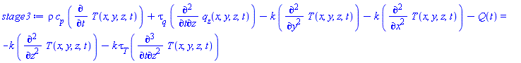 rho*c__p*(diff(T(x, y, z, t), t))+tau__q*(diff(diff(q__z(x, y, z, t), t), z))-k*(diff(diff(T(x, y, z, t), y), y))-k*(diff(diff(T(x, y, z, t), x), x))-Q(t) = -k*(diff(diff(T(x, y, z, t), z), z))-k*tau__T*(diff(diff(diff(T(x, y, z, t), t), z), z))