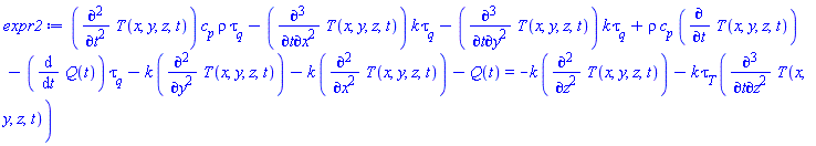 (diff(diff(T(x, y, z, t), t), t))*c__p*rho*tau__q-(diff(diff(diff(T(x, y, z, t), t), x), x))*k*tau__q-(diff(diff(diff(T(x, y, z, t), t), y), y))*k*tau__q+rho*c__p*(diff(T(x, y, z, t), t))-(diff(Q(t), t))*tau__q-k*(diff(diff(T(x, y, z, t), y), y))-k*(diff(diff(T(x, y, z, t), x), x))-Q(t) = -k*(diff(diff(T(x, y, z, t), z), z))-k*tau__T*(diff(diff(diff(T(x, y, z, t), t), z), z))