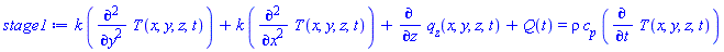 k*(diff(diff(T(x, y, z, t), y), y))+k*(diff(diff(T(x, y, z, t), x), x))+diff(q__z(x, y, z, t), z)+Q(t) = rho*c__p*(diff(T(x, y, z, t), t))