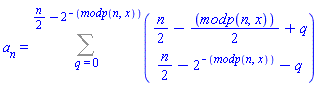 a[n] = Sum(binomial((1/2)*n-(1/2)*modp(n, x)+q, (1/2)*n-2^(-modp(n, x))-q), q = 0 .. (1/2)*n-2^(-modp(n, x)))