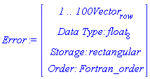 Error := Vector(4, {(1) = ` 1 .. 100 `*Vector[row], (2) = `Data Type: `*float[8], (3) = `Storage: `*rectangular, (4) = `Order: `*Fortran_order})