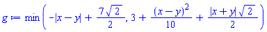 min(-abs(x-y)+(7/2)*2^(1/2), 3+(1/10)*(x-y)^2+(1/2)*abs(x+y)*2^(1/2))