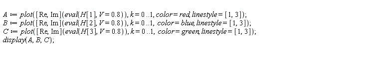 A := plot(([Re, Im])(eval(H[1], V = .8)), k = 0 .. 1, color = red, linestyle = [1, 3]); B := plot(([Re, Im])(eval(H[2], V = .8)), k = 0 .. 1, color = blue, linestyle = [1, 3]); C := plot(([Re, Im])(eval(H[3], V = .8)), k = 0 .. 1, color = green, linestyle = [1, 3]); display(A, B, C)