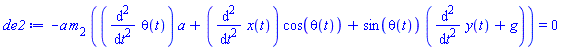 -a*m[2]*((diff(diff(theta(t), t), t))*a+(diff(diff(x(t), t), t))*cos(theta(t))+sin(theta(t))*(diff(diff(y(t), t), t)+g)) = 0