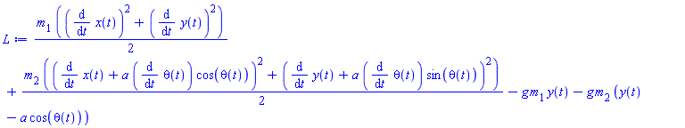 (1/2)*m[1]*((diff(x(t), t))^2+(diff(y(t), t))^2)+(1/2)*m[2]*((diff(x(t), t)+a*(diff(theta(t), t))*cos(theta(t)))^2+(diff(y(t), t)+a*(diff(theta(t), t))*sin(theta(t)))^2)-g*m[1]*y(t)-g*m[2]*(y(t)-a*cos(theta(t)))