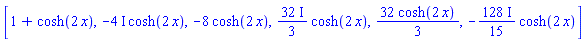 [1+cosh(2*x), -(4*I)*cosh(2*x), -8*cosh(2*x), ((32/3)*I)*cosh(2*x), (32/3)*cosh(2*x), -((128/15)*I)*cosh(2*x)]