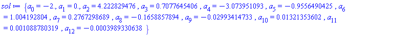{a[0] = -2., a[1] = 0., a[2] = 4.222829476, a[3] = .7077645406, a[4] = -3.073951093, a[5] = -.9556490425, a[6] = 1.004192804, a[7] = .2767298689, a[8] = -.1658857894, a[9] = -0.2993414733e-1, a[10] = 0.1321353602e-1, a[11] = 0.1088780319e-2, a[12] = -0.3989330638e-3}