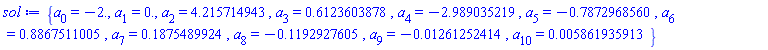 {a[0] = -2., a[1] = 0., a[2] = 4.215714943, a[3] = .6123603878, a[4] = -2.989035219, a[5] = -.7872968560, a[6] = .8867511005, a[7] = .1875489924, a[8] = -.1192927605, a[9] = -0.1261252414e-1, a[10] = 0.5861935913e-2}