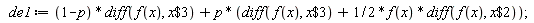 de1 := (1-p)*(diff(f(x), `$`(x, 3)))+p*(diff(f(x), `$`(x, 3))+(1/2)*f(x)*(diff(f(x), `$`(x, 2))))