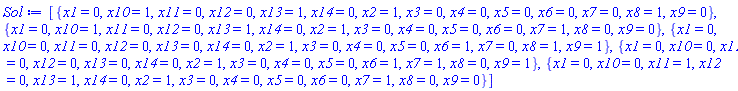 [{x1 = 0, x10 = 1, x11 = 0, x12 = 0, x13 = 1, x14 = 0, x2 = 1, x3 = 0, x4 = 0, x5 = 0, x6 = 0, x7 = 0, x8 = 1, x9 = 0}, {x1 = 0, x10 = 1, x11 = 0, x12 = 0, x13 = 1, x14 = 0, x2 = 1, x3 = 0, x4 = 0, x5 = 0, x6 = 0, x7 = 1, x8 = 0, x9 = 0}, {x1 = 0, x10 = 0, x11 = 0, x12 = 0, x13 = 0, x14 = 0, x2 = 1, x3 = 0, x4 = 0, x5 = 0, x6 = 1, x7 = 0, x8 = 1, x9 = 1}, {x1 = 0, x10 = 0, x11 = 0, x12 = 0, x13 = 0, x14 = 0, x2 = 1, x3 = 0, x4 = 0, x5 = 0, x6 = 1, x7 = 1, x8 = 0, x9 = 1}, {x1 = 0, x10 = 0, x11 = 1, x12 = 0, x13 = 1, x14 = 0, x2 = 1, x3 = 0, x4 = 0, x5 = 0, x6 = 0, x7 = 1, x8 = 0, x9 = 0}]