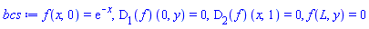 f(x, 0) = exp(-x), (D[1](f))(0, y) = 0, (D[2](f))(x, 1) = 0, f(L, y) = 0