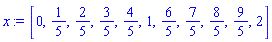 [0, 1/5, 2/5, 3/5, 4/5, 1, 6/5, 7/5, 8/5, 9/5, 2]