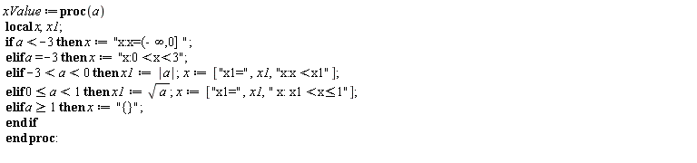 xValue := proc (a) local x, x1; if a < -3 then x := "x:x=(-&infin;,0] " elif a = -3 then x := "x:0<x<3" elif -3 < a and a < 0 then x1 := abs(a); x := ["x1=", x1, "x:x<x1"] elif 0 <= a and a < 1 then x1 := sqrt(a); x := ["x1=", x1, " x: x1<x&le;1"] elif 1 <= a then x := "{}" end if end proc