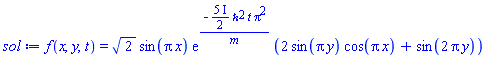 f(x, y, t) = 2^(1/2)*sin(Pi*x)*exp(-((5/2)*I)*hbar^2*t*Pi^2/m)*(2*sin(Pi*y)*cos(Pi*x)+sin(2*Pi*y))