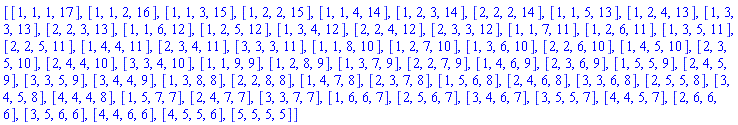 [[1, 1, 1, 17], [1, 1, 2, 16], [1, 1, 3, 15], [1, 2, 2, 15], [1, 1, 4, 14], [1, 2, 3, 14], [2, 2, 2, 14], [1, 1, 5, 13], [1, 2, 4, 13], [1, 3, 3, 13], [2, 2, 3, 13], [1, 1, 6, 12], [1, 2, 5, 12], [1, 3, 4, 12], [2, 2, 4, 12], [2, 3, 3, 12], [1, 1, 7, 11], [1, 2, 6, 11], [1, 3, 5, 11], [2, 2, 5, 11], [1, 4, 4, 11], [2, 3, 4, 11], [3, 3, 3, 11], [1, 1, 8, 10], [1, 2, 7, 10], [1, 3, 6, 10], [2, 2, 6, 10], [1, 4, 5, 10], [2, 3, 5, 10], [2, 4, 4, 10], [3, 3, 4, 10], [1, 1, 9, 9], [1, 2, 8, 9], [1, 3, 7, 9], [2, 2, 7, 9], [1, 4, 6, 9], [2, 3, 6, 9], [1, 5, 5, 9], [2, 4, 5, 9], [3, 3, 5, 9], [3, 4, 4, 9], [1, 3, 8, 8], [2, 2, 8, 8], [1, 4, 7, 8], [2, 3, 7, 8], [1, 5, 6, 8], [2, 4, 6, 8], [3, 3, 6, 8], [2, 5, 5, 8], [3, 4, 5, 8], [4, 4, 4, 8], [1, 5, 7, 7], [2, 4, 7, 7], [3, 3, 7, 7], [1, 6, 6, 7], [2, 5, 6, 7], [3, 4, 6, 7], [3, 5, 5, 7], [4, 4, 5, 7], [2, 6, 6, 6], [3, 5, 6, 6], [4, 4, 6, 6], [4, 5, 5, 6], [5, 5, 5, 5]]