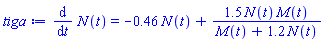 diff(N(t), t) = -.46*N(t)+1.5*N(t)*M(t)/(M(t)+1.2*N(t))
