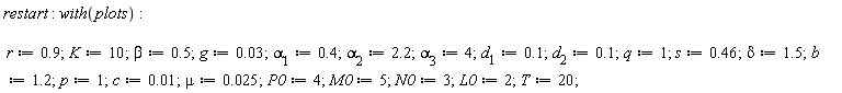 restart; with(plots); r := .9; K := 10; beta := .5; g := 0.3e-1; alpha[1] := .4; alpha[2] := 2.2; alpha[3] := 4; d[1] := .1; d[2] := .1; q := 1; s := .46; delta := 1.5; b := 1.2; p := 1; c := 0.1e-1; mu := 0.25e-1; P0 := 4; M0 := 5; N0 := 3; L0 := 2; T := 20