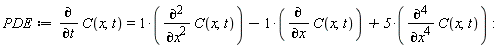 PDE := diff(C(x, t), t) = diff(C(x, t), x, x)-(diff(C(x, t), x))+5*(diff(C(x, t), x, x, x, x))
