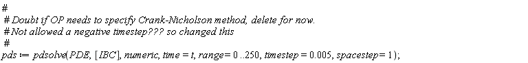 pds := pdsolve(PDE, [IBC], numeric, time = t, range = 0 .. 250, timestep = 0.5e-2, spacestep = 1)