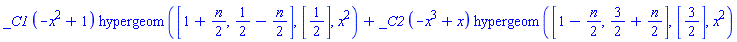 _C1*(-x^2+1)*hypergeom([1+(1/2)*n, 1/2-(1/2)*n], [1/2], x^2)+_C2*(-x^3+x)*hypergeom([1-(1/2)*n, 3/2+(1/2)*n], [3/2], x^2)