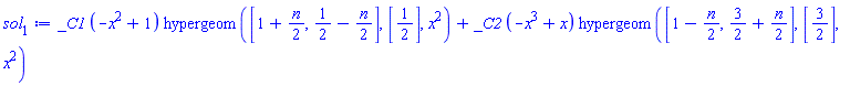 _C1*(-x^2+1)*hypergeom([1+(1/2)*n, 1/2-(1/2)*n], [1/2], x^2)+_C2*(-x^3+x)*hypergeom([1-(1/2)*n, 3/2+(1/2)*n], [3/2], x^2)