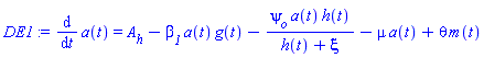 diff(a(t), t) = A__h-beta__1*a(t)*g(t)-psi__o*a(t)*h(t)/(h(t)+xi)-mu*a(t)+theta*m(t)