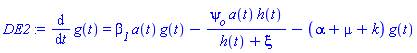 diff(g(t), t) = beta__1*a(t)*g(t)-psi__o*a(t)*h(t)/(h(t)+xi)-(alpha+mu+k)*g(t)