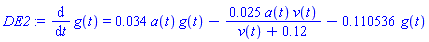 diff(g(t), t) = 0.34e-1*a(t)*g(t)-0.25e-1*a(t)*v(t)/(v(t)+.12)-.110536*g(t)