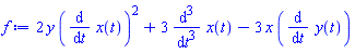 2*y*(diff(x(t), t))^2+3*(diff(diff(diff(x(t), t), t), t))-3*x*(diff(y(t), t))