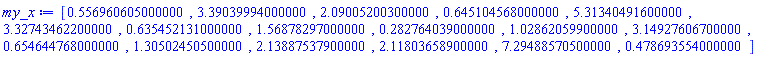 [.556960605000000, 3.39039994000000, 2.09005200300000, .645104568000000, 5.31340491600000, 3.32743462200000, .635452131000000, 1.56878297000000, .282764039000000, 1.02862059900000, 3.14927606700000, .654644768000000, 1.30502450500000, 2.13887537900000, 2.11803658900000, 7.29488570500000, .478693554000000]