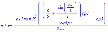 (1/2)*b11*ro*Pi*R^2*((8/5+(1/2)*sin((1/10)*Pi*t))*cp2/(`&lambda;opt`*p1)-cp3)/p1