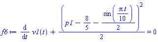 diff(v1(t), t)+(1/2)*(p1-8/5-(1/2)*sin((1/10)*Pi*t))^2 = 0