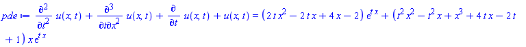 diff(diff(u(x, t), t), t)+diff(diff(diff(u(x, t), t), x), x)+diff(u(x, t), t)+u(x, t) = (2*t*x^2-2*t*x+4*x-2)*exp(t*x)+(t^2*x^2-t^2*x+x^3+4*t*x-2*t+1)*x*exp(t*x)