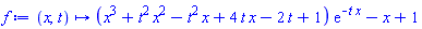 proc (x, t) options operator, arrow; (x^3+t^2*x^2-t^2*x+4*t*x-2*t+1)*exp(-t*x)-x+1 end proc