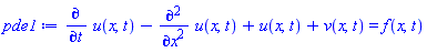diff(u(x, t), t)-(diff(diff(u(x, t), x), x))+u(x, t)+v(x, t) = f(x, t)