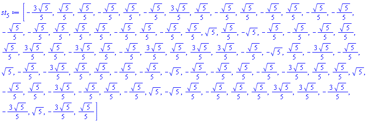 [-(3/5)*5^(1/2), (1/5)*5^(1/2), (1/5)*5^(1/2), -(1/5)*5^(1/2), (1/5)*5^(1/2), -(1/5)*5^(1/2), (3/5)*5^(1/2), (1/5)*5^(1/2), -(1/5)*5^(1/2), (1/5)*5^(1/2), -(1/5)*5^(1/2), (1/5)*5^(1/2), -(1/5)*5^(1/2), -(1/5)*5^(1/2), -(1/5)*5^(1/2), -(1/5)*5^(1/2), (1/5)*5^(1/2), (1/5)*5^(1/2), (1/5)*5^(1/2), -(1/5)*5^(1/2), (1/5)*5^(1/2), -(1/5)*5^(1/2), (1/5)*5^(1/2), 5^(1/2), (1/5)*5^(1/2), -5^(1/2), -(1/5)*5^(1/2), -(1/5)*5^(1/2), -(1/5)*5^(1/2), (1/5)*5^(1/2), (1/5)*5^(1/2), (3/5)*5^(1/2), (1/5)*5^(1/2), -(3/5)*5^(1/2), (1/5)*5^(1/2), -(1/5)*5^(1/2), (3/5)*5^(1/2), (1/5)*5^(1/2), (3/5)*5^(1/2), (3/5)*5^(1/2), -(1/5)*5^(1/2), -5^(1/2), (1/5)*5^(1/2), -(3/5)*5^(1/2), -(1/5)*5^(1/2), 5^(1/2), -(1/5)*5^(1/2), -(3/5)*5^(1/2), (1/5)*5^(1/2), (1/5)*5^(1/2), -(1/5)*5^(1/2), -(1/5)*5^(1/2), -5^(1/2), -(1/5)*5^(1/2), -(1/5)*5^(1/2), (1/5)*5^(1/2), -(1/5)*5^(1/2), -(3/5)*5^(1/2), (1/5)*5^(1/2), (1/5)*5^(1/2), 5^(1/2), -(1/5)*5^(1/2), (1/5)*5^(1/2), -(3/5)*5^(1/2), -(1/5)*5^(1/2), (1/5)*5^(1/2), -(1/5)*5^(1/2), 5^(1/2), -5^(1/2), (1/5)*5^(1/2), -(1/5)*5^(1/2), (1/5)*5^(1/2), (1/5)*5^(1/2), (3/5)*5^(1/2), (3/5)*5^(1/2), -(3/5)*5^(1/2), -(3/5)*5^(1/2), 5^(1/2), -(3/5)*5^(1/2), (1/5)*5^(1/2)]