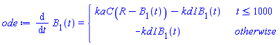 ode := diff(B[1](t), t) = piecewise(t <= 1000, kaC*(R-B[1](t))-kd1*B[1](t), -kd1*B[1](t))