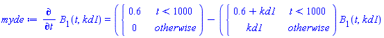 myde := diff(B[1](t, kd1), t) = piecewise(t < 1000, .6, 0)-piecewise(t < 1000, .6+kd1, kd1)*B[1](t, kd1)