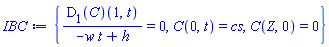 {(D[1](C))(1, t)/(-t*w+h) = 0, C(0, t) = cs, C(Z, 0) = 0}