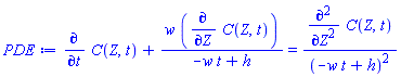 diff(C(Z, t), t)+w*(diff(C(Z, t), Z))/(-t*w+h) = (diff(diff(C(Z, t), Z), Z))/(-t*w+h)^2