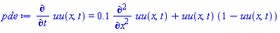 diff(uu(x, t), t) = .1*(diff(diff(uu(x, t), x), x))+uu(x, t)*(1-uu(x, t))