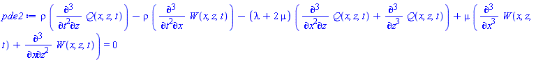 rho*(diff(diff(diff(Q(x, z, t), t), t), z))-rho*(diff(diff(diff(W(x, z, t), t), t), x))-(lambda+2*mu)*(diff(diff(diff(Q(x, z, t), x), x), z)+diff(diff(diff(Q(x, z, t), z), z), z))+mu*(diff(diff(diff(W(x, z, t), x), x), x)+diff(diff(diff(W(x, z, t), x), z), z)) = 0