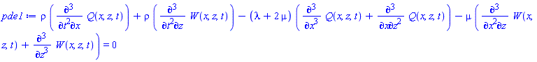 rho*(diff(diff(diff(Q(x, z, t), t), t), x))+rho*(diff(diff(diff(W(x, z, t), t), t), z))-(lambda+2*mu)*(diff(diff(diff(Q(x, z, t), x), x), x)+diff(diff(diff(Q(x, z, t), x), z), z))-mu*(diff(diff(diff(W(x, z, t), x), x), z)+diff(diff(diff(W(x, z, t), z), z), z)) = 0