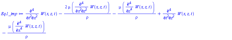 diff(diff(diff(diff(W(x, z, t), t), t), x), x)-2*mu*(diff(diff(diff(diff(W(x, z, t), x), x), z), z))/rho-mu*(diff(diff(diff(diff(W(x, z, t), z), z), z), z))/rho+diff(diff(diff(diff(W(x, z, t), t), t), z), z)-mu*(diff(diff(diff(diff(W(x, z, t), x), x), x), x))/rho