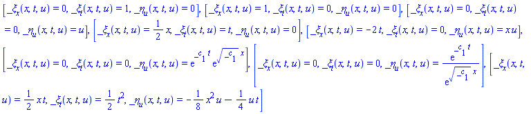 [_xi[x](x, t, u) = 0, _xi[t](x, t, u) = 1, _eta[u](x, t, u) = 0], [_xi[x](x, t, u) = 1, _xi[t](x, t, u) = 0, _eta[u](x, t, u) = 0], [_xi[x](x, t, u) = 0, _xi[t](x, t, u) = 0, _eta[u](x, t, u) = u], [_xi[x](x, t, u) = (1/2)*x, _xi[t](x, t, u) = t, _eta[u](x, t, u) = 0], [_xi[x](x, t, u) = -2*t, _xi[t](x, t, u) = 0, _eta[u](x, t, u) = x*u], [_xi[x](x, t, u) = 0, _xi[t](x, t, u) = 0, _eta[u](x, t, u) = exp(_c[1]*t)*exp(_c[1]^(1/2)*x)], [_xi[x](x, t, u) = 0, _xi[t](x, t, u) = 0, _eta[u](x, t, u) = exp(_c[1]*t)/exp(_c[1]^(1/2)*x)], [_xi[x](x, t, u) = (1/2)*x*t, _xi[t](x, t, u) = (1/2)*t^2, _eta[u](x, t, u) = -(1/8)*x^2*u-(1/4)*u*t]
