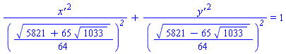 `x' `^2/((1/64)*(5821+65*1033^(1/2))^(1/2))^`2`+`y' `^2/((1/64)*(5821-65*1033^(1/2))^(1/2))^`2` = 1