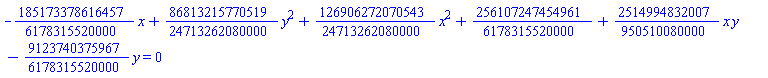 -(185173378616457/6178315520000)*x+(86813215770519/24713262080000)*y^2+(126906272070543/24713262080000)*x^2+256107247454961/6178315520000+(2514994832007/950510080000)*x*y-(9123740375967/6178315520000)*y = 0